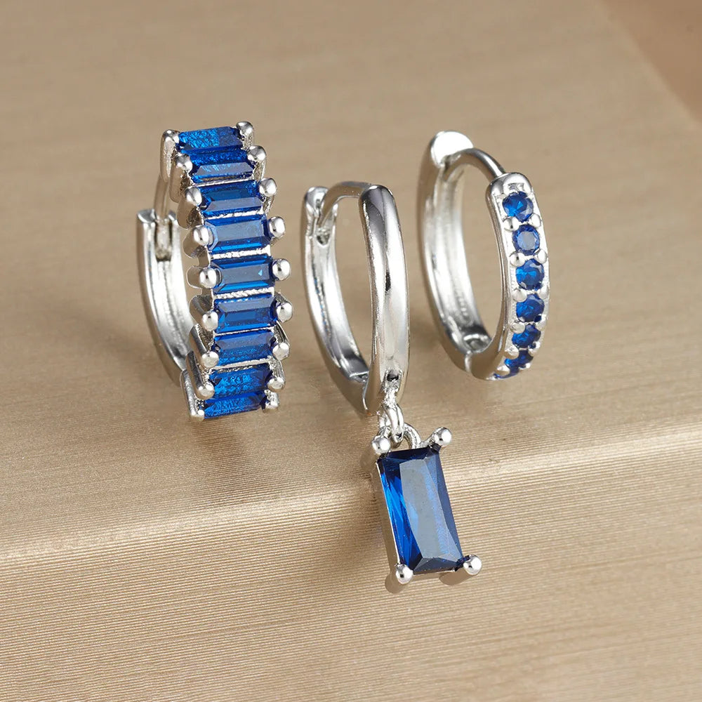 3PCS Stainless Steel Gold Plated Hoop Earrings Zircon Pendant