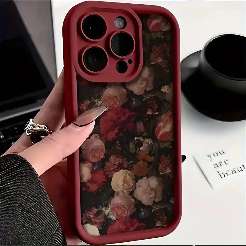 Wine Red & White Rose Case for iPhone 16 15 14 13 12 11 Pro Max XR 7 8 Plus