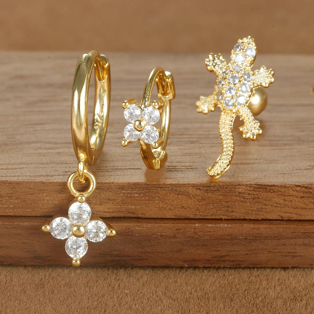 3PCS Four Flower Zircon Little Hoop Earring Star Cartilage Piercing
