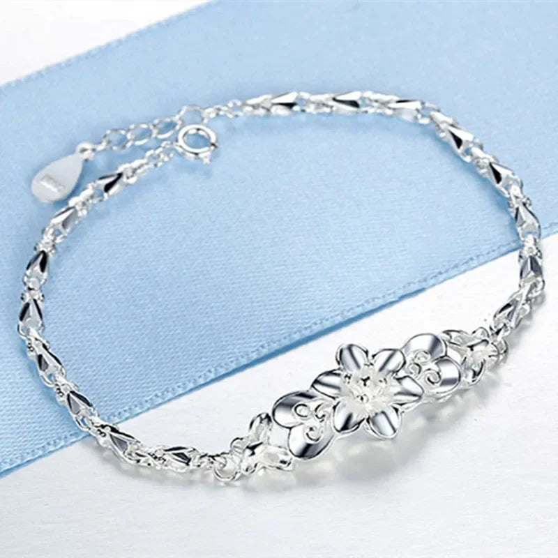 Beautiful Flowers Chain Charm Bracelet 925 Sterling Silver Women Fashion Gift