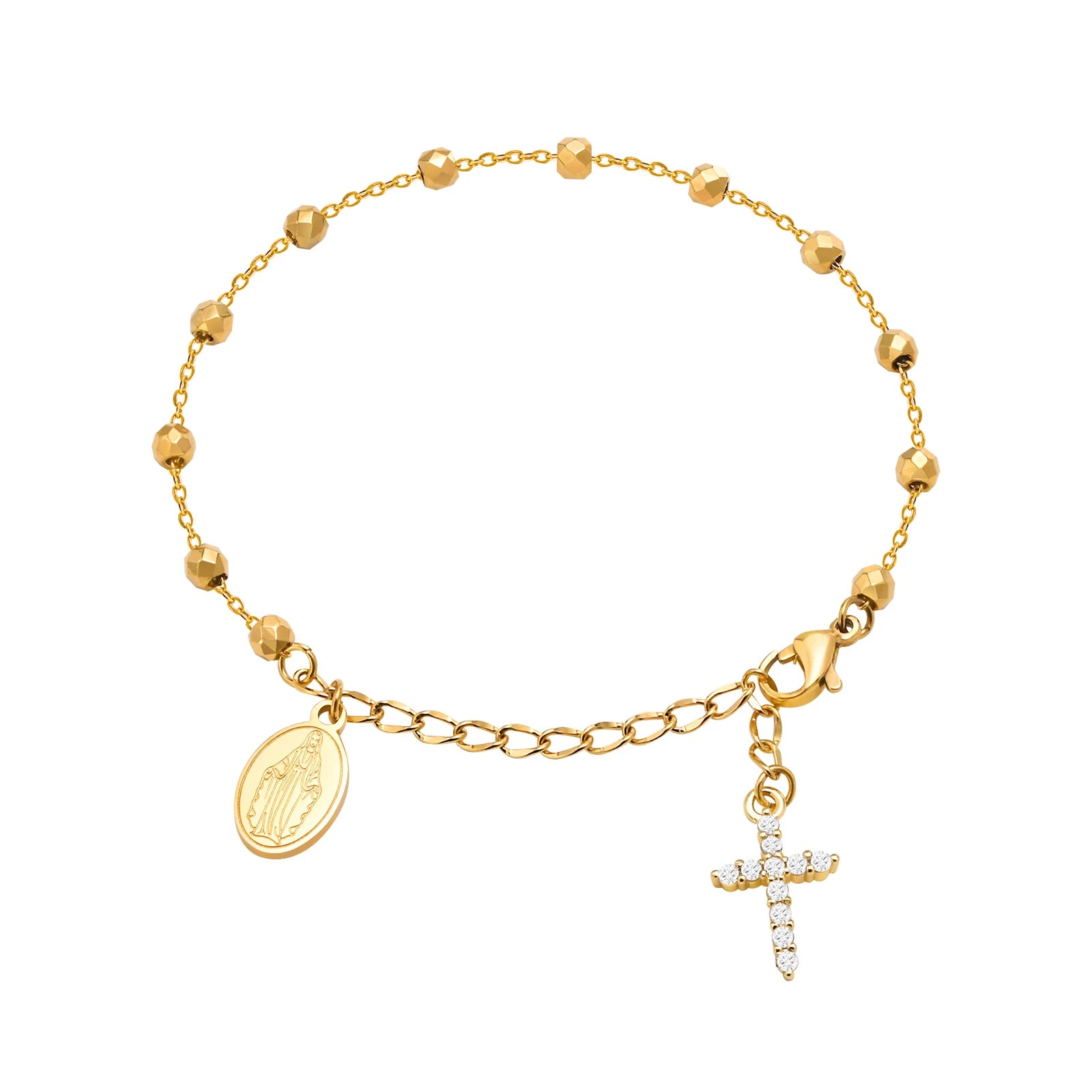 Charm Cubic Zirconia Cross Rosary Bracelet for Women, Stainless Steel  Mary Adjustable Link, Religious Jewelry Gift