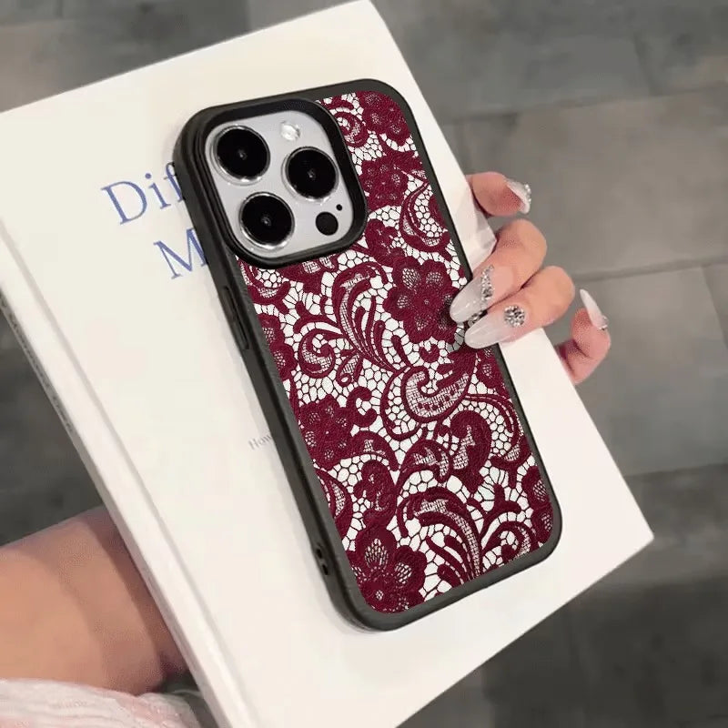 Red Lace Design Lychee Case for iPhone 17 16 15 14 13 12 Pro Max