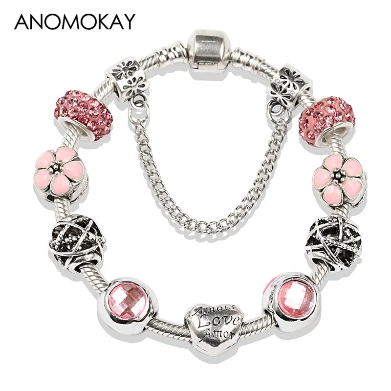 Romantic Pink Heart Charm Bracelet Fine Crystal DIY Bead Bangle Gift