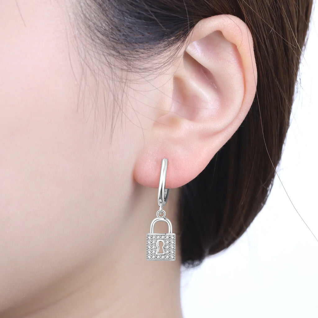 925 Sterling Silver Asymmetric Key Lock Drop Earrings Trendy Jewellery Gift