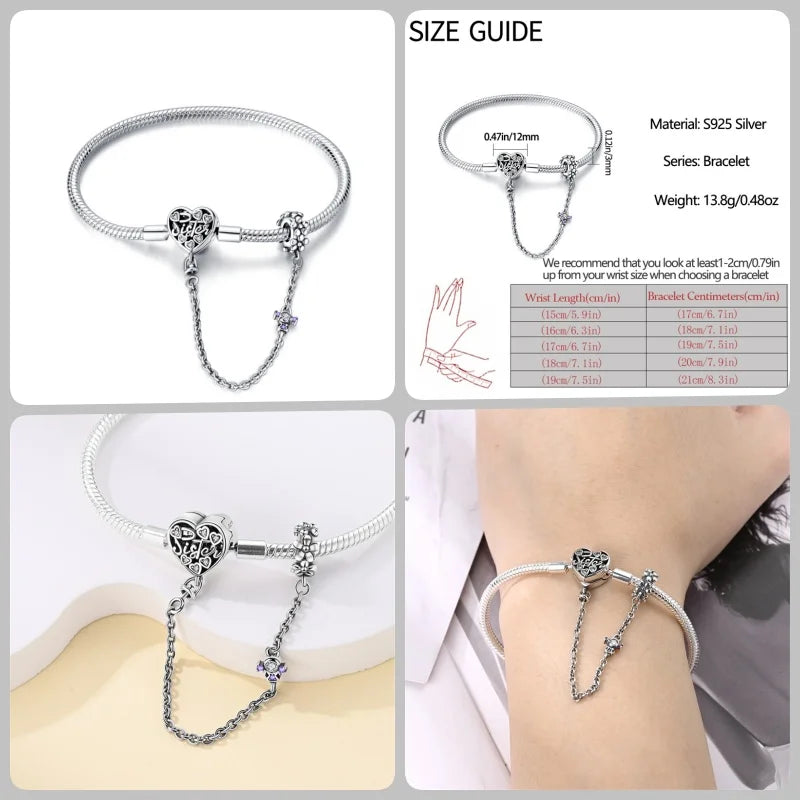 925 Silver 17-20CM Heart Pave Zirconia Original Bracelets Infinity Bracelet Fit DIY Charms Bead Birthday Jewelry Gifts Hot Sale