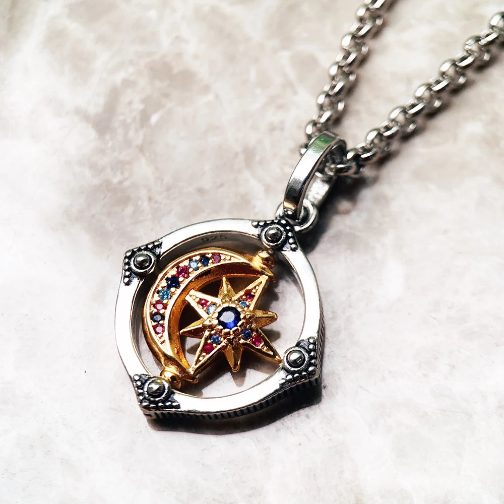 Star & Moon Golden Pendant Necklace 925 Sterling Silver Lucky Jewellery Gift