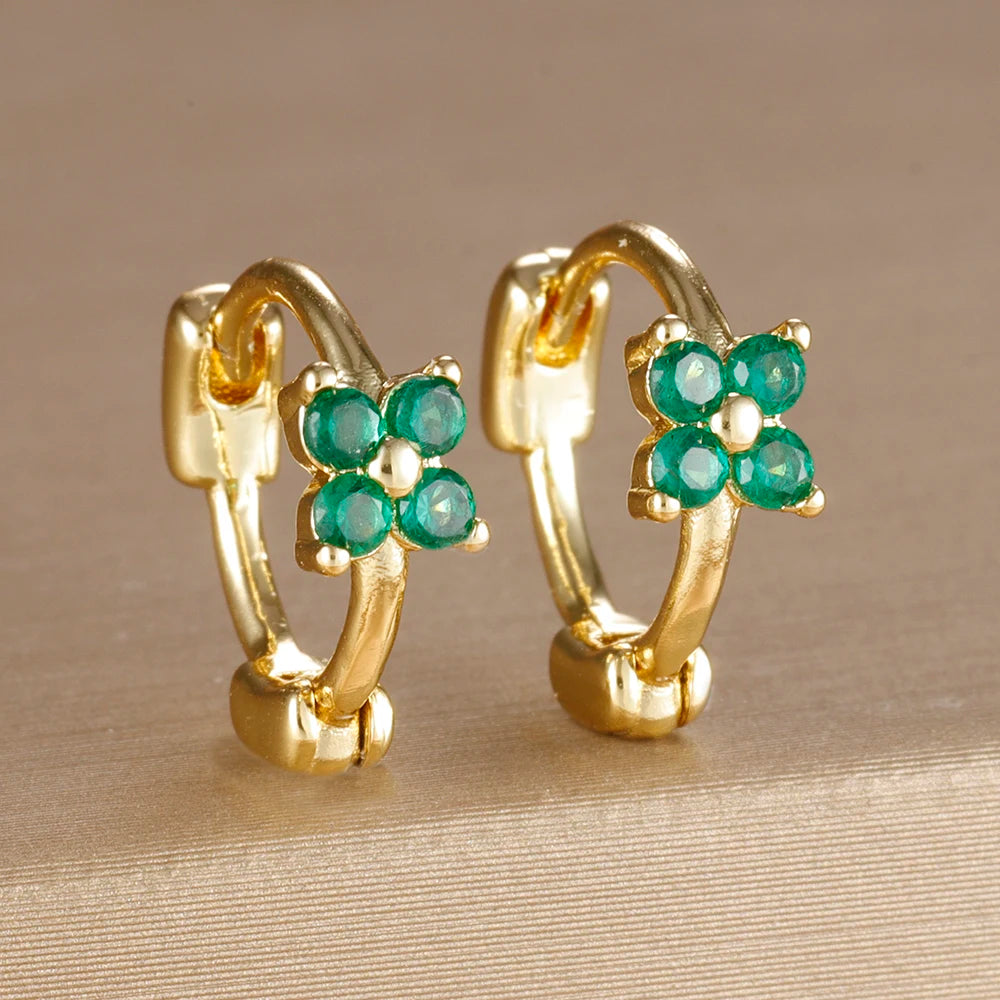 18K Gold Plated Green Zirconia Huggies Hoop Earrings Square Pendant
