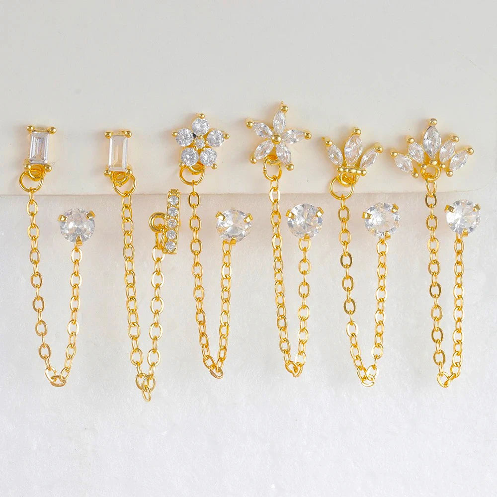 Stainless Steel Zircon Crown Stud Earrings Women 18K Gold Double Studs