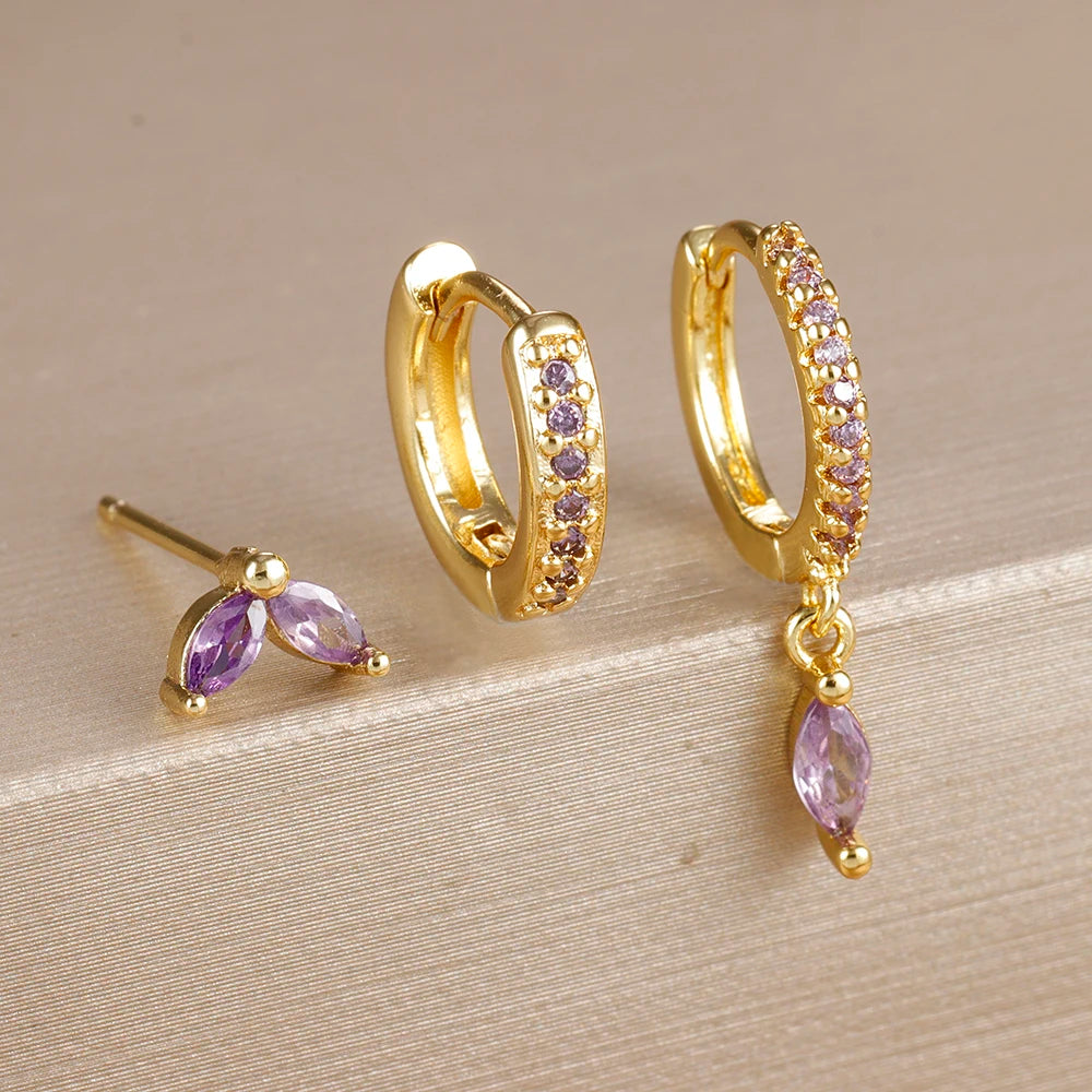 3PCS Trendy Gold Colour Square Zircon Hanging Earring Twisted Circle