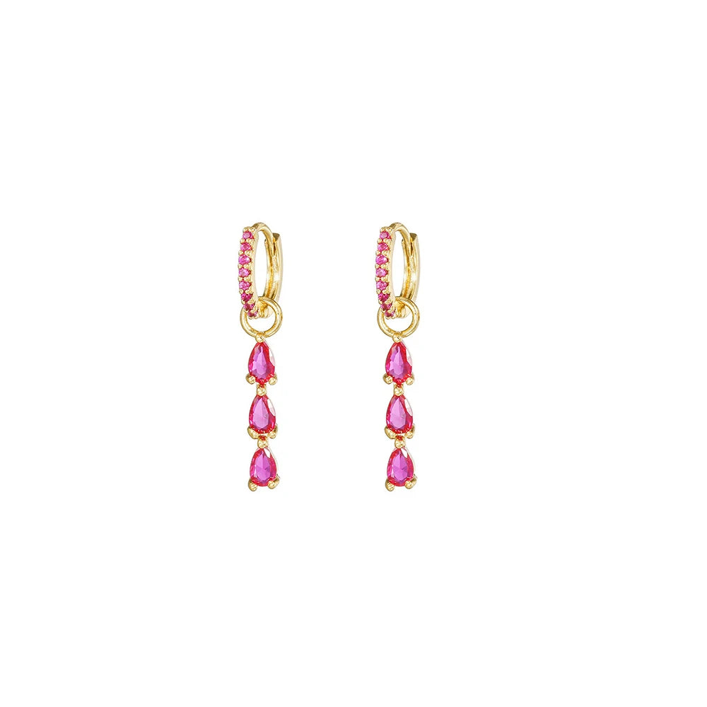 Luxury Rose Red Zircon Stainless Steel Water Drop Hoop Earring