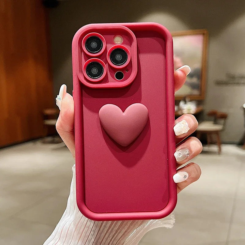 3D Love Heart Pink Matte Case for iPhone 17 16 15 14 13 12 11 Pro Max Plus