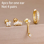 4pcs Korean Stainless Steel Zircon Water Drop Piercing Earrings Set