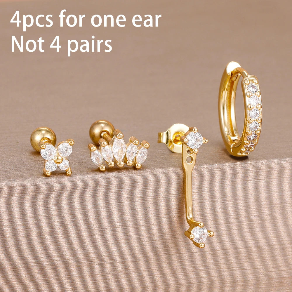 4pcs Korean Stainless Steel Zircon Water Drop Piercing Earrings Set