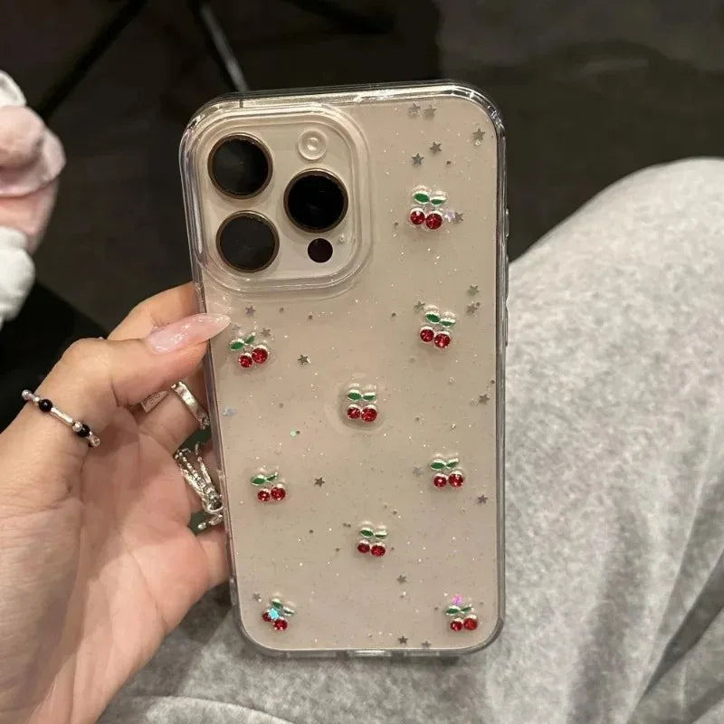 Glitter Diamond 3D Cherry Sequins Clear Case for iPhone 17 16 15