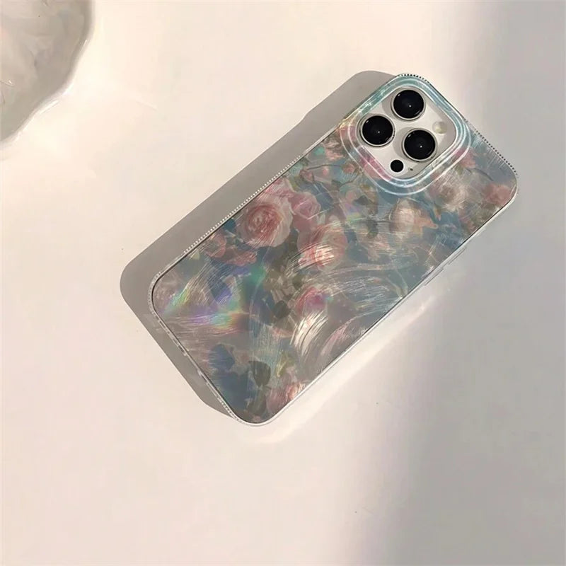Floral Water Wave Glossy Case for iPhone 16 15 14 13 12 11 Pro Max XR Plus