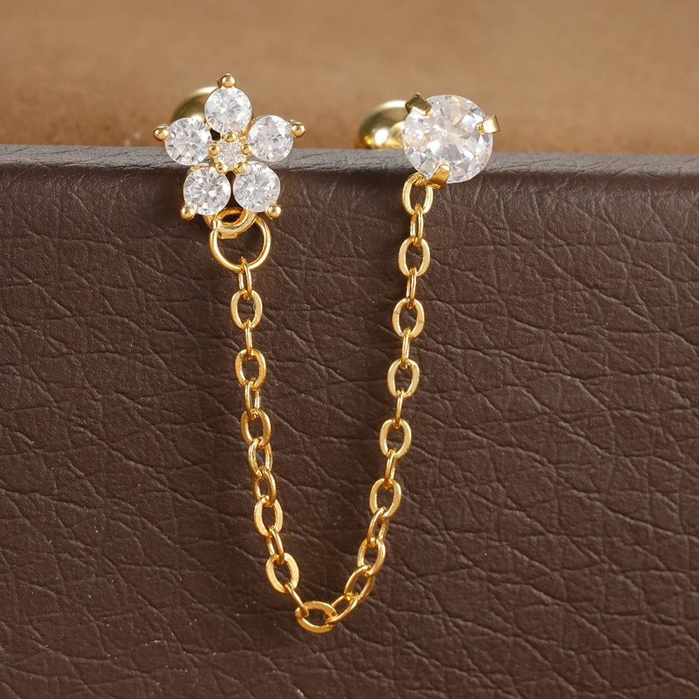 Stainless Steel Zircon Crown Stud Earrings Women 18K Gold Double Studs