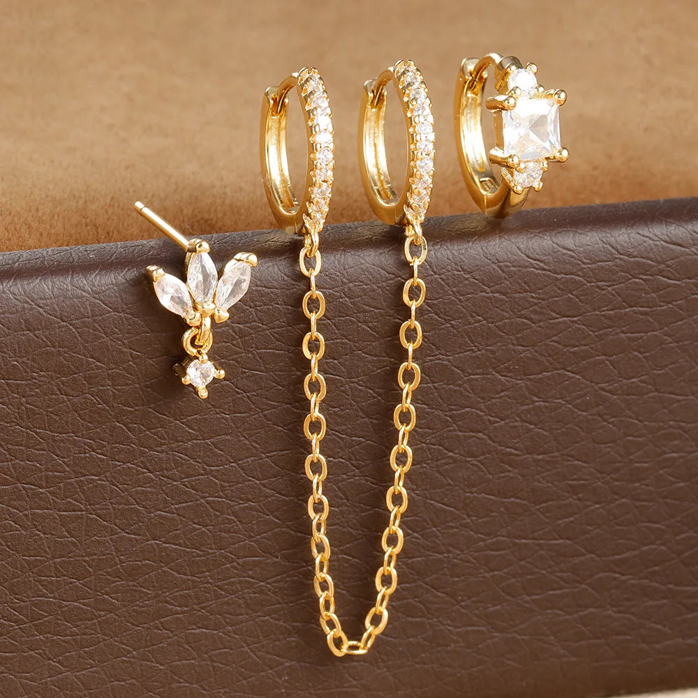 3PCS Stainless Steel Long Chain Two Hole Piercing Earrings Tassel