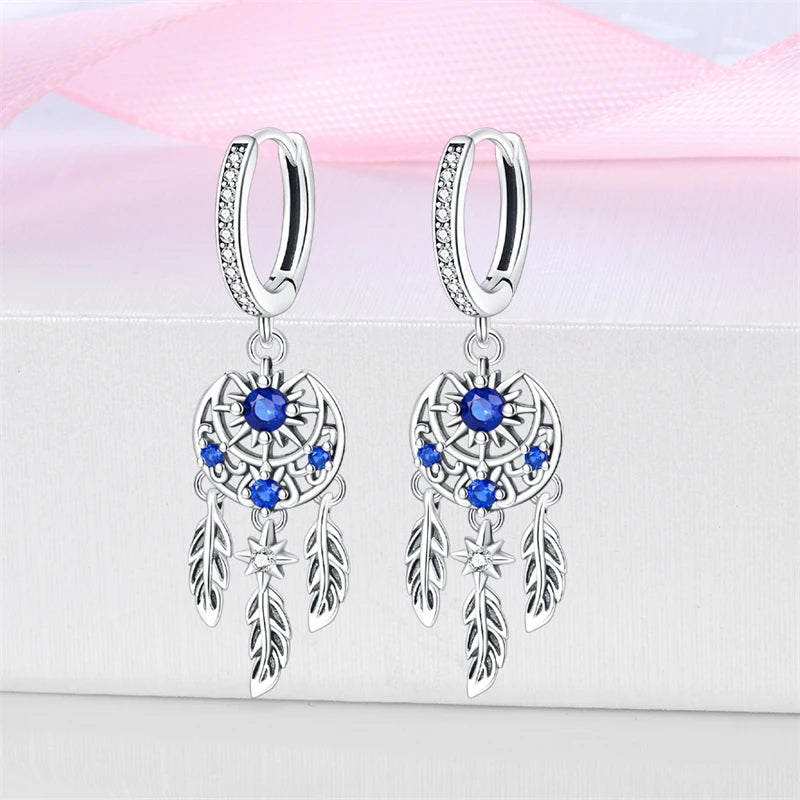 925 Sterling Silver Dreamcatcher Feather Ear Studs Hoop Earrings Jewellery Gift