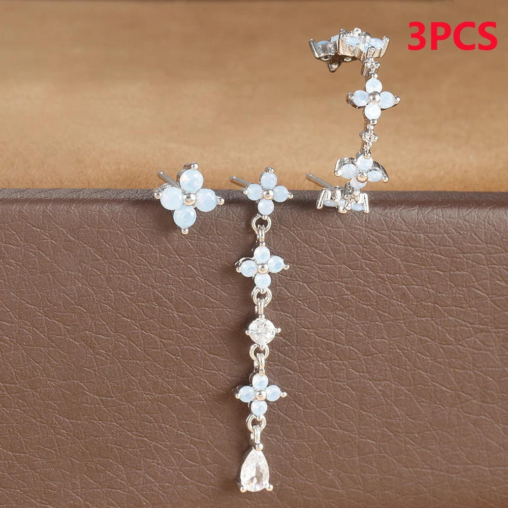 3PCS Zircon Flower Pendant Earring Sets Stainless Steel Cartilage