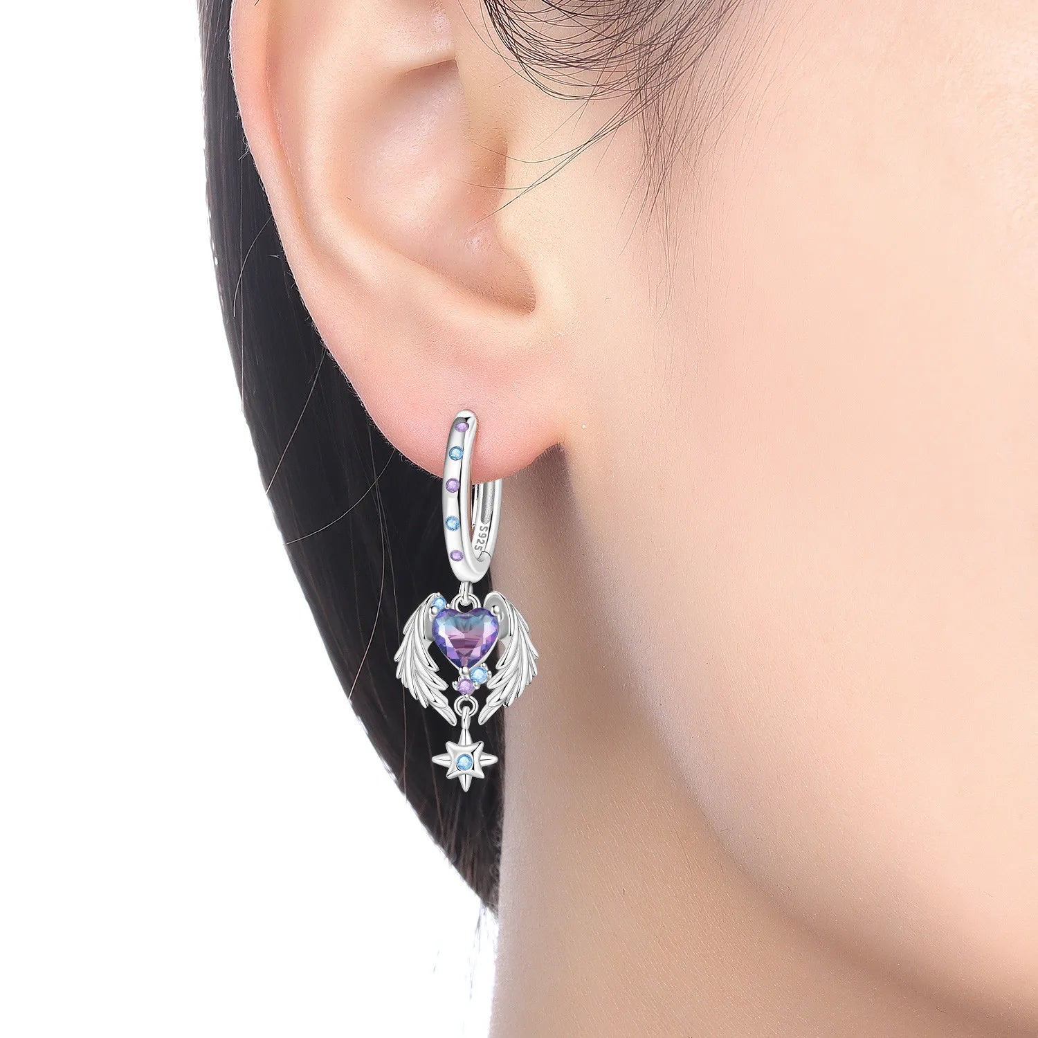 925 Sterling Silver Wings Guardian Love Heart Drop Earrings Trendy Jewellery