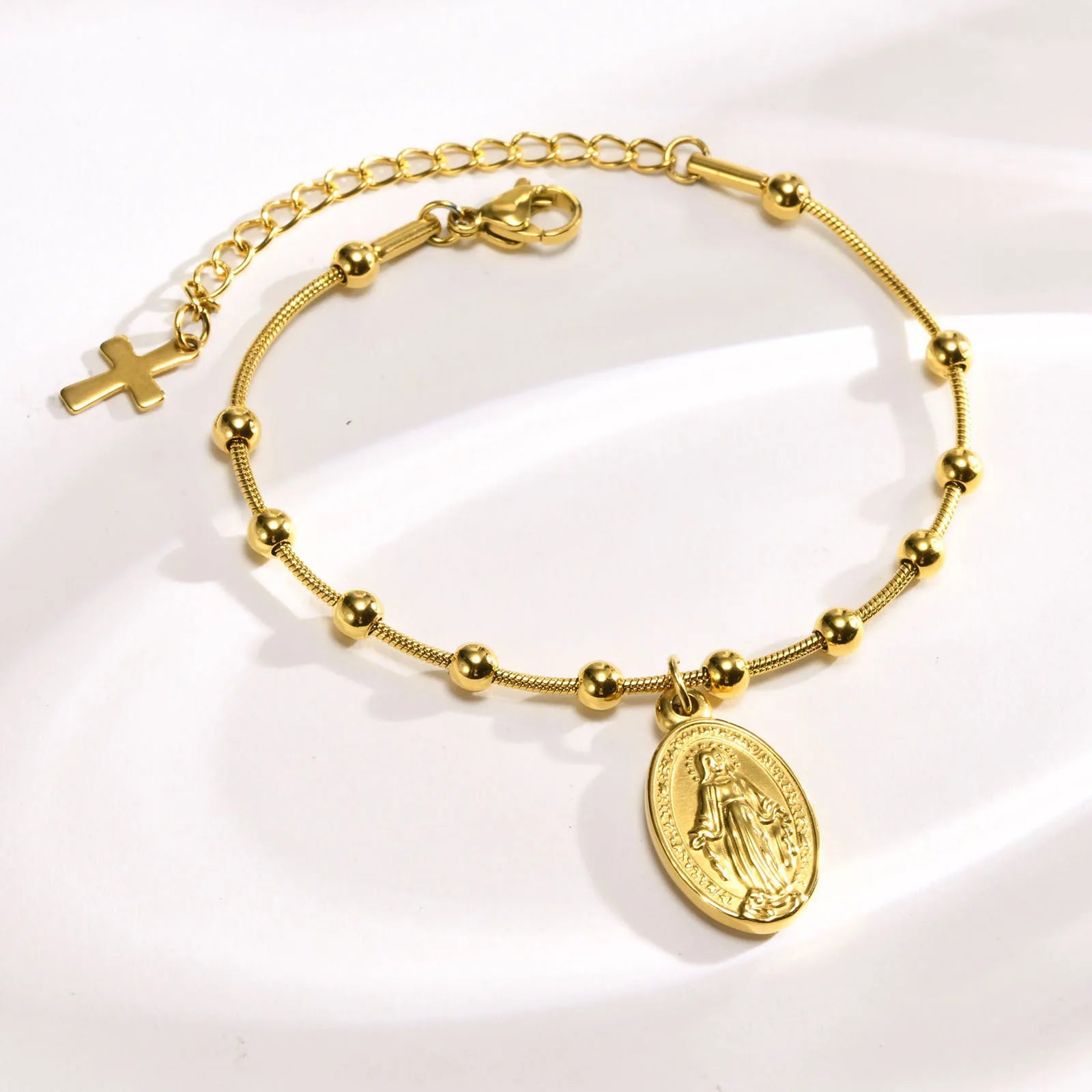 18k Gold Plated Virgin Mary Bracelet Gold Plated, Rosary Bead Cross Bracelets For Women, Stainless Steel Faith Jewelry