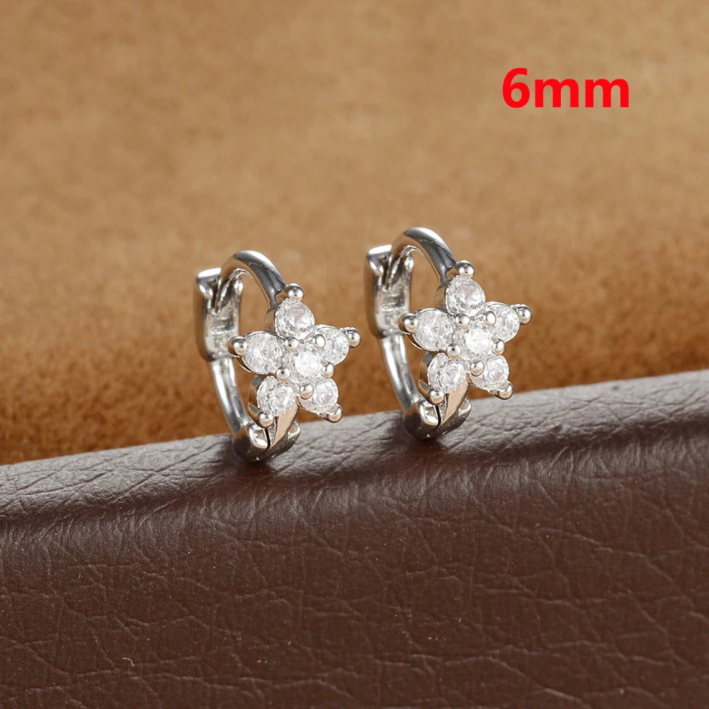 2PCS Huggies Hoop Earrings Stainless Steel Crystal Zirconia Flower