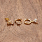3PCS Stainless Steel Zircon Flower Hoop Earrings Gold Plated Huggies