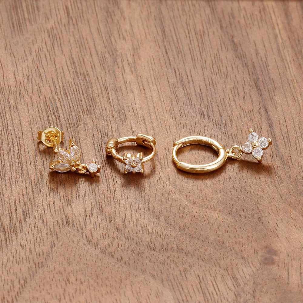 3PCS Stainless Steel Zircon Flower Hoop Earrings Gold Plated Huggies