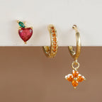 3PCS Stainless Steel Orange Zirconia Flower Pendant Hanging Earrings Set