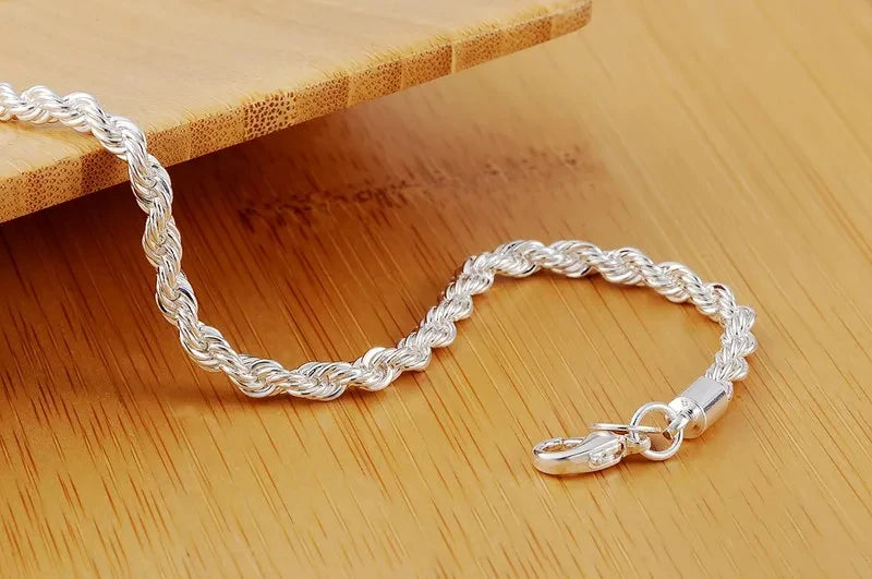 4mm Twisted Rope Chain Bracelet 925 Sterling Silver Men Women Christmas Gift