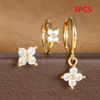 3PCS Zircon Flower Pendant Earring Sets Stainless Steel Cartilage