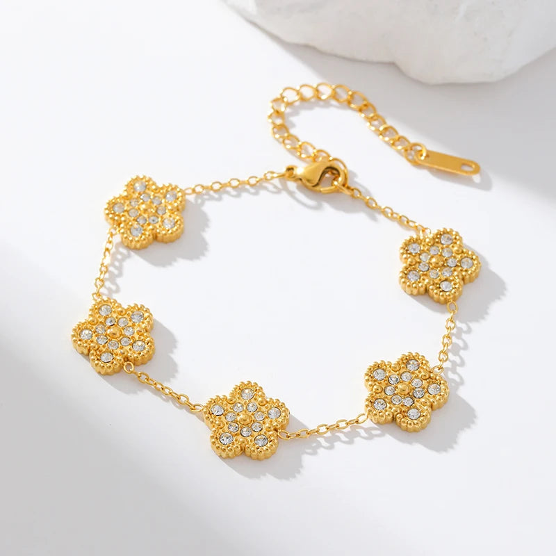 Flower Clover Zircon Stainless Steel Bracelet 2025 Trendy Wrist Chain