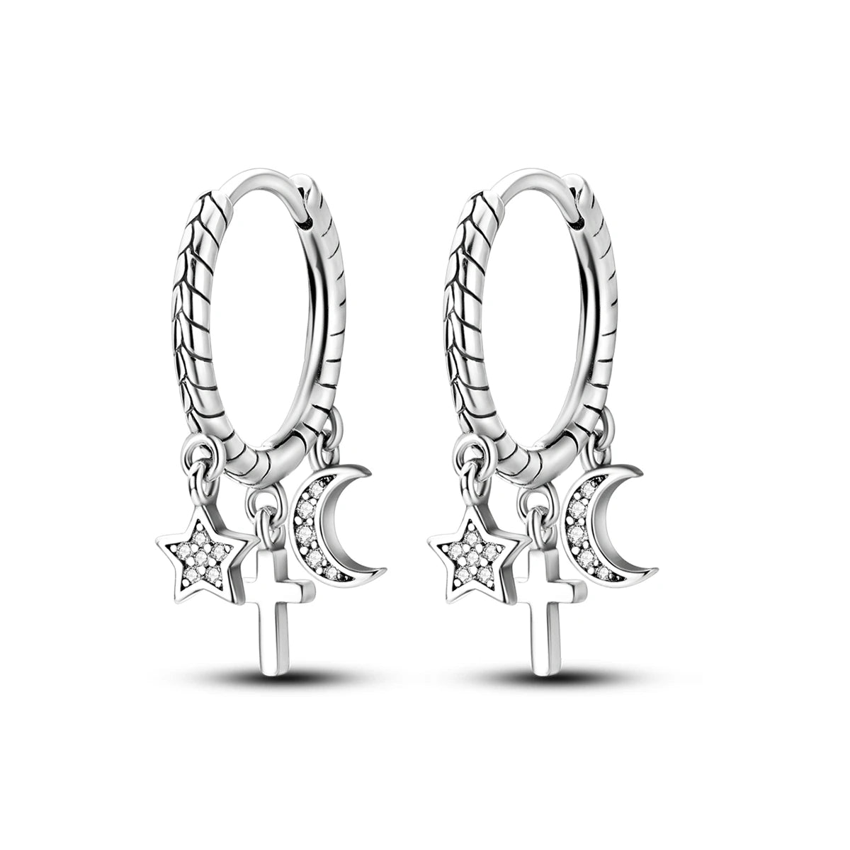 925 Sterling Silver Mysterious Star Moon Versatile Hoop Earrings Women's Gift