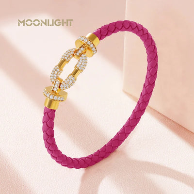 Round Metal Charm Braided Leather Bracelet Cubic Zirconia Women Jewellery