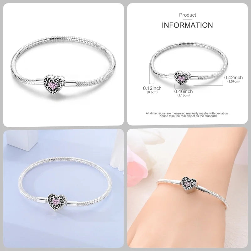 925 Silver 17-20CM Heart Pave Zirconia Original Bracelets Infinity Bracelet Fit DIY Charms Bead Birthday Jewelry Gifts Hot Sale