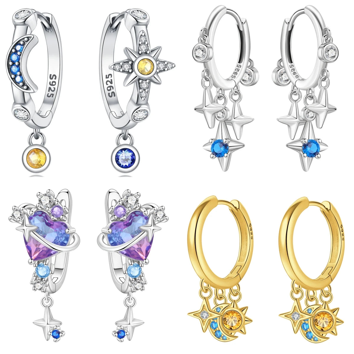 925 Sterling Silver Mysterious Star Moon Versatile Hoop Earrings Women's Gift