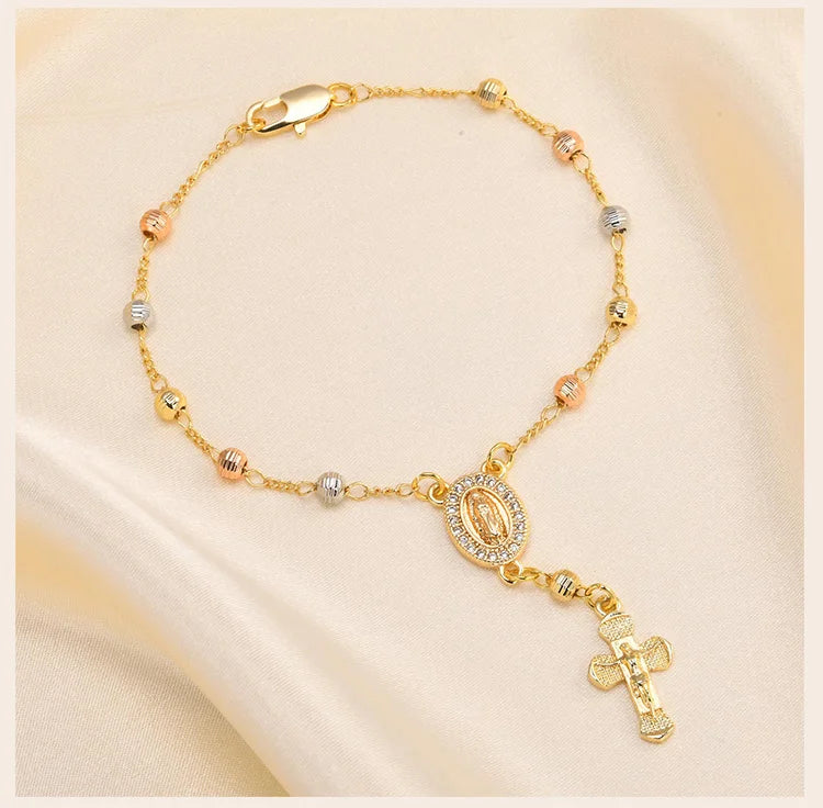 Virgin Mary Rosary Bead Cross Bracelet for Women, Tri-color Adjustable Chain Virgin of Guadalupe Bracelet Baptism Confirmation