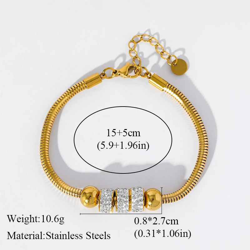 Heart Roman Numeral Zircon Bead Stainless Steel Snake Bone Bracelet