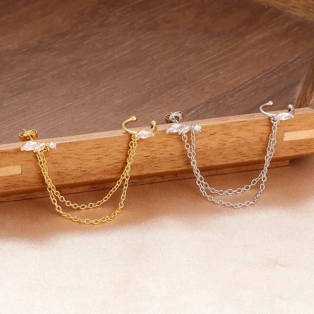 1PC Stainless Steel Chain Tassel Zircon Drop Earrings 14K Gold Plated