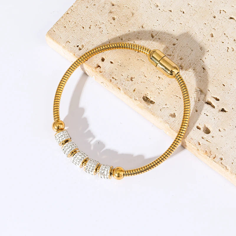 Heart Roman Numeral Zircon Bead Stainless Steel Snake Bone Bracelet