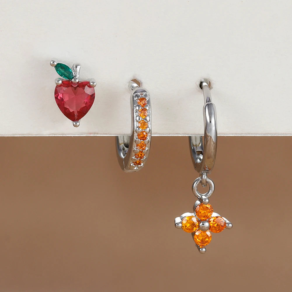 3PCS Stainless Steel Orange Zirconia Flower Pendant Hanging Earrings Set