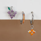 3PCS Stainless Steel Orange Zirconia Flower Pendant Hanging Earrings Set