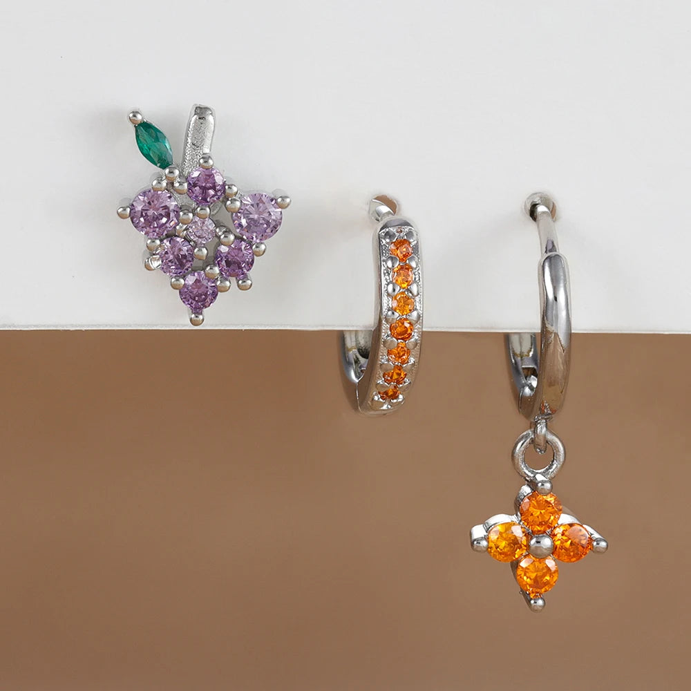 3PCS Stainless Steel Orange Zirconia Flower Pendant Hanging Earrings Set