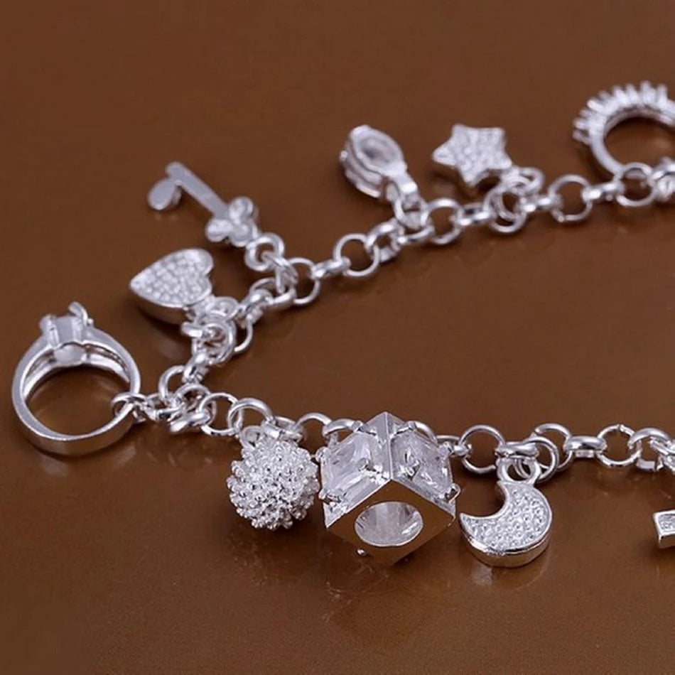 Cute Wedding Charm Bracelet 925 Sterling Silver Women Valentine's Day Gift