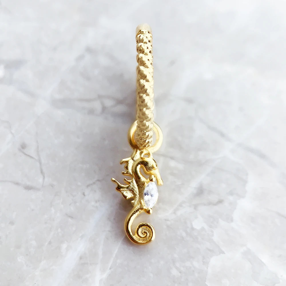 Seahorse Gold Creole Hinged Hoop Earrings Solid 925 Sterling Silver