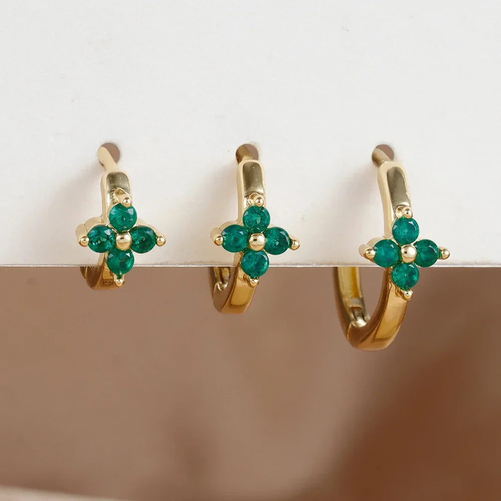3PCS Simple Flower Zircon Hoop Earrings 18K Gold Plated Steel
