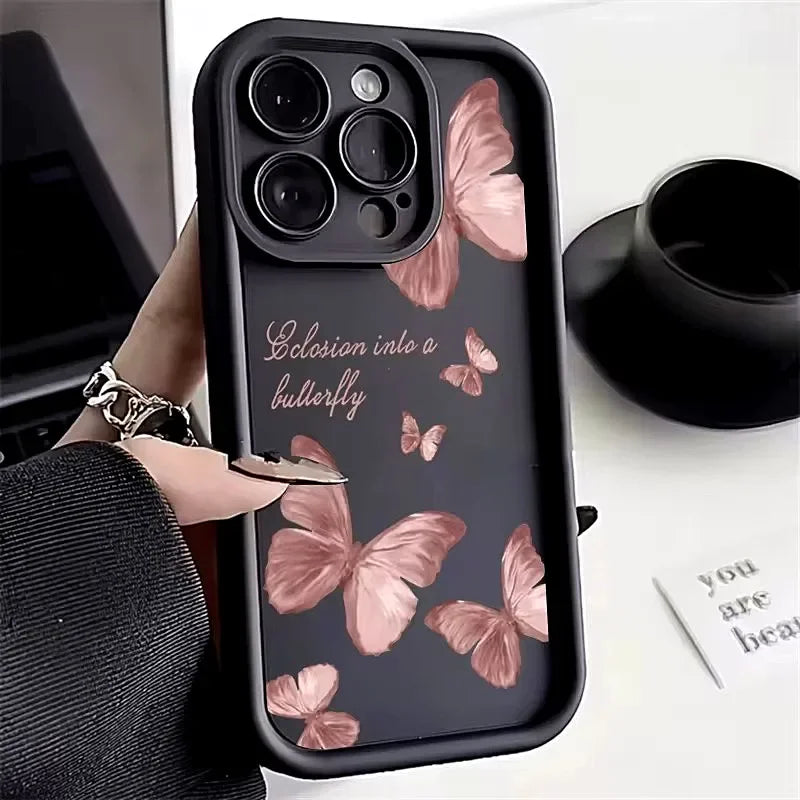 Pink Butterfly Silicone Case for iPhone 17 16 15 14 13 12 11 Pro Max Plus