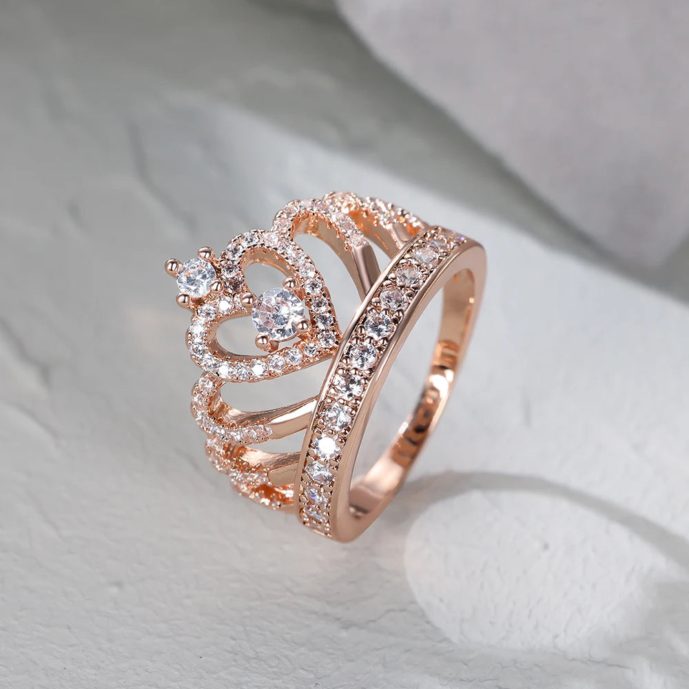 Classic Heart Crown Rings For Women Rose Gold Silver Color Inlay White Zircon Promise Engagement Wedding Bands Mothers Day Gifts
