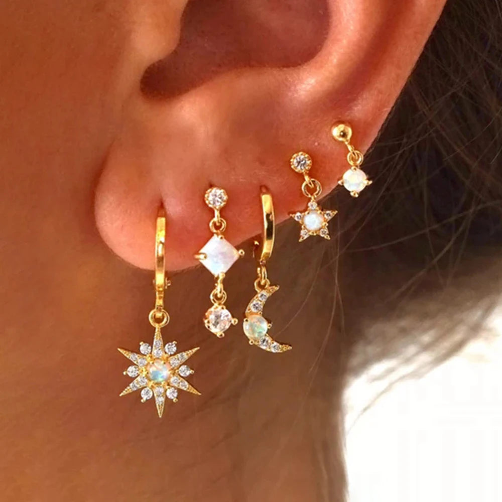 2PCS New Star Moon Zircon Opal Hoop Earrings Stainless Steel Stud