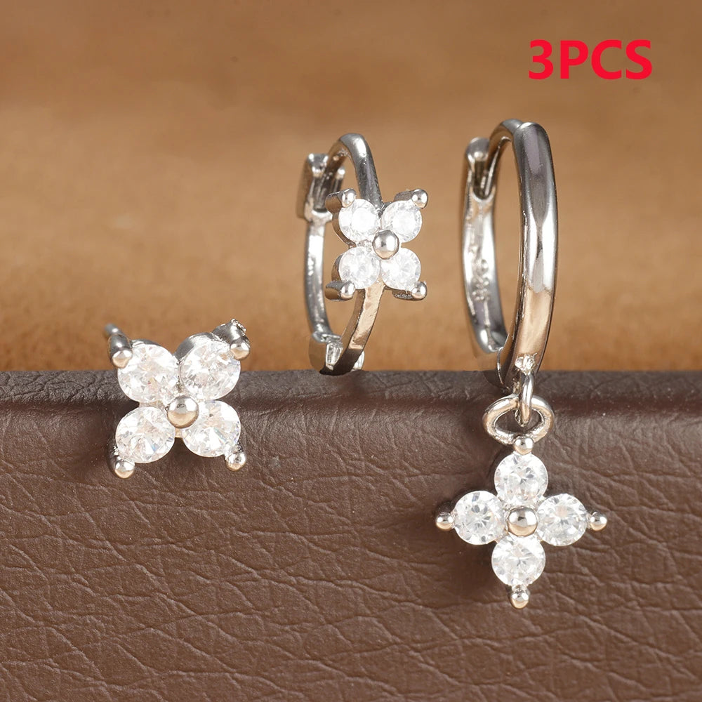 3PCS Zircon Flower Pendant Earring Sets Stainless Steel Cartilage